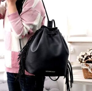 Victoria's Secret VS Black Faux Leather Western Boho Fringe Backpack NWT